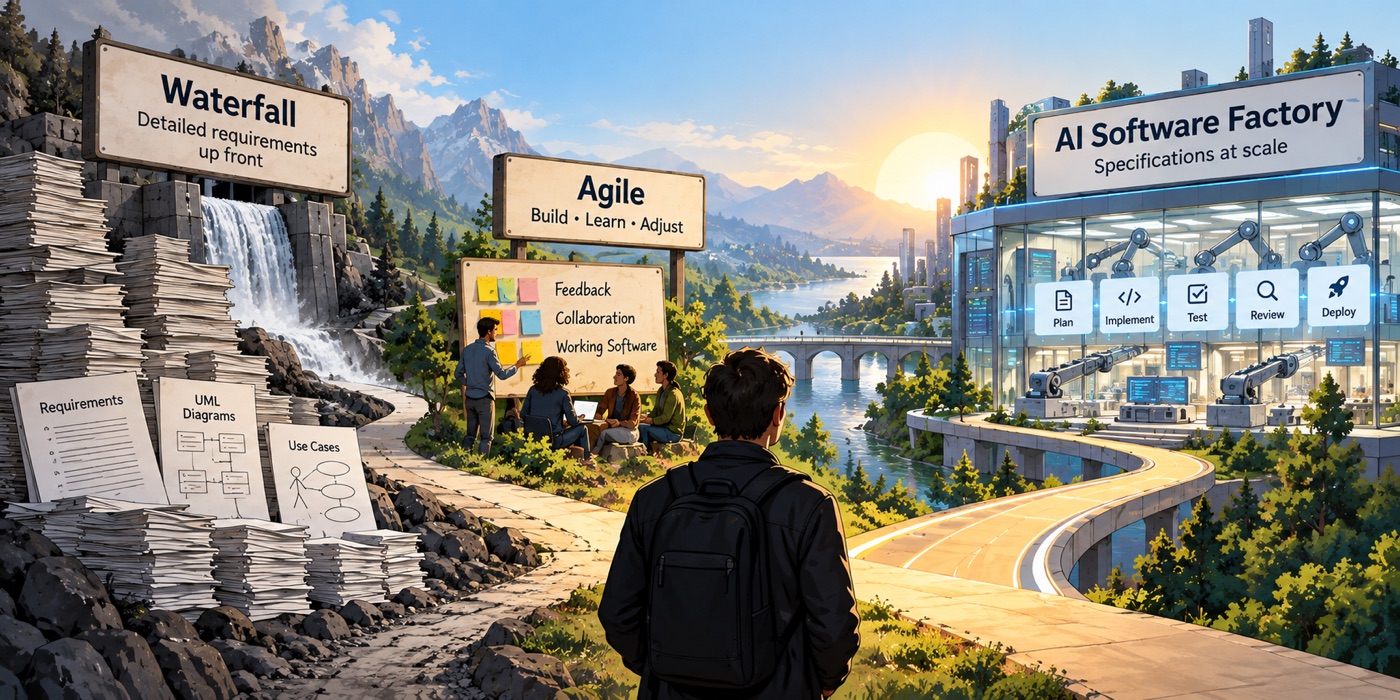 A path leading from a waterfall of requirements documents, past an Agile team collaborating around sticky notes, toward a glass AI software factory labeled Plan, Implement, Test, Review, Deploy.